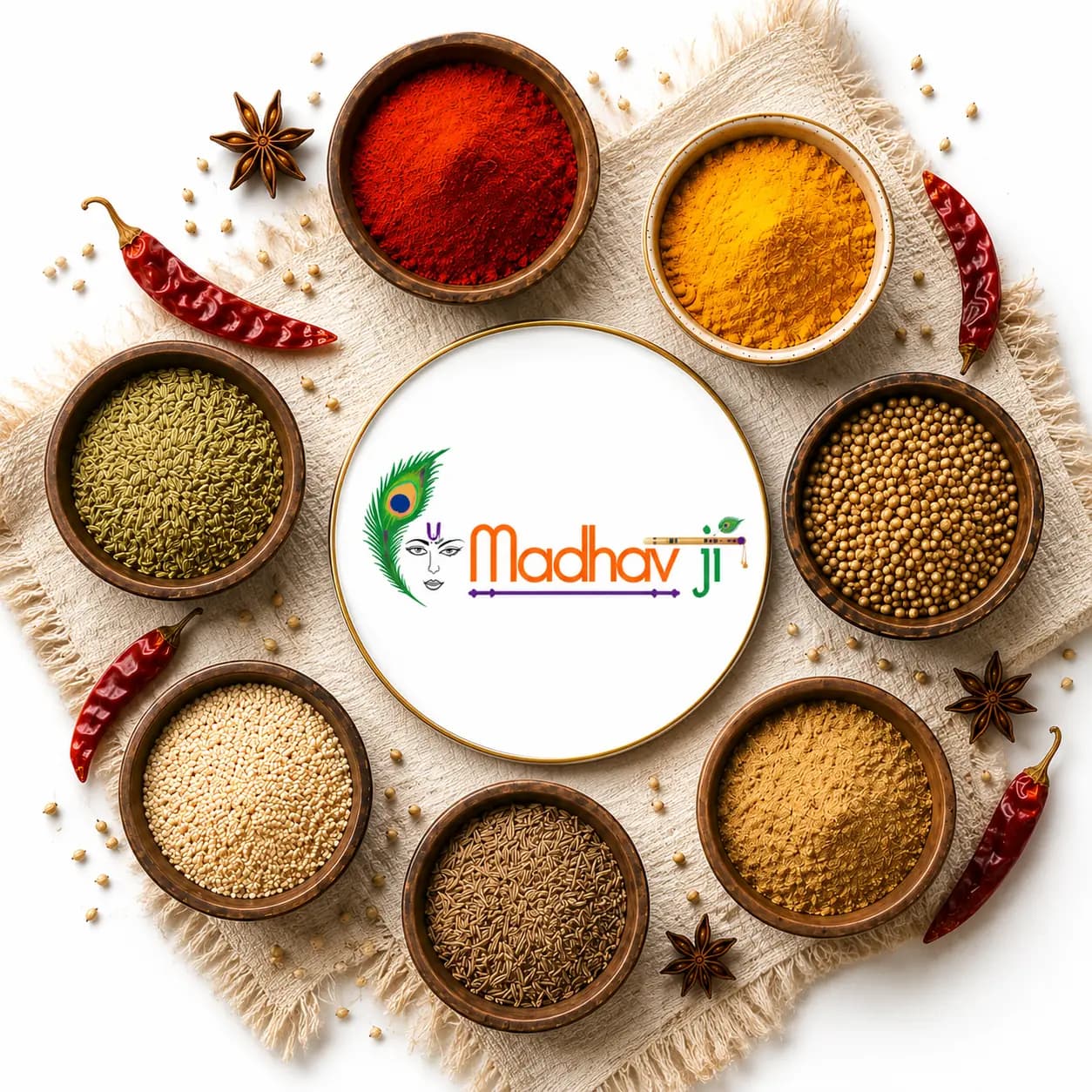 Madhavji spice collection — a circle of spice bowls around the Madhavji emblem